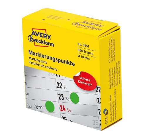 Kółka do zaznaczania 3851 Q10 mm zielone w dyspenserze, trwałe, Avery Zweckform Kółka do zaznaczania 3851 Q10 mm zielone w dyspenserze, trwałe, Avery Zweckform