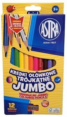 Kredki ołówkowe trójkątne jumbo Astra 12 kolorów + temperówka, 312023912 Kredki ołówkowe trójkątne jumbo Astra 12 kolorów + temperówka, 312023912