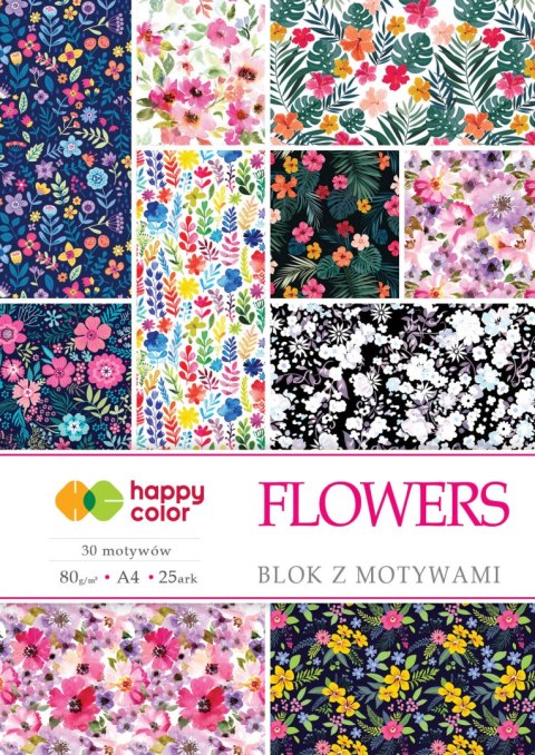 Blok z motywami FLOWERS, 80g/m2, A4, 15 ark, 25 motyw, Happy Color HA 3808 2030-F