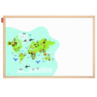 Tablica edukacyjna MemoBe, WHITEBOARDGAME: Animal adventure!, nadruk MAPA ŚWIATA ZE ZWIERZĘTAMI, rama drewniana, PL, 90x60 cm MT