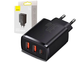 Ładowarka sieciowa/ścienna BASEUS Compact Quick Charger, 2xUSB, USB-C, PD, 3A, 30W (CCXJ-E01) czarna BASADA47332