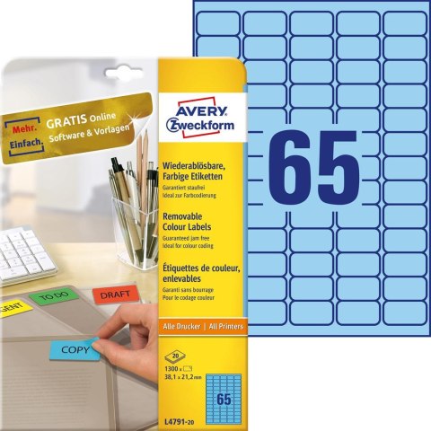 Etykiety niebieskie L4791-20 38,1 x 21,2 20ark Usuwalne, Avery Zweckform Etykiety niebieskie L4791-20 38,1 x 21,2 20ark Usuwalne, Avery Zweckform