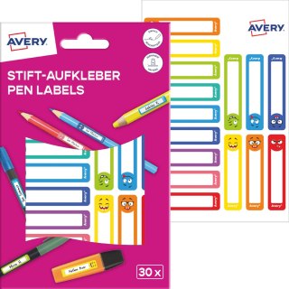 Naklejki na przybory do pisania; 50 x 10 mm , 30 naklejek.; kolorowe buźki, AVERY RESMI30S