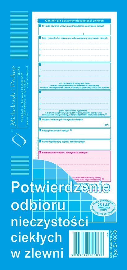 S-100-8 Potwierdzenie odbioru nieczystości ciekłych w zlewni MICHALCZYK I PROKOP S-100-8 Potwierdzenie odbioru nieczystości ciekłych w zlewni MICHALCZYK I PROKOP