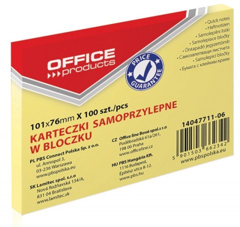 Bloczek samoprzylepny , 101x76mm, 1x100 kart., pastel, jasnożółty, typu OFFICE PRODUCTS 14047711-06 Bloczek samoprzylepny , 101x76mm, 1x100 kart., pastel, jasnożółty, typu OFFICE PRODUCTS 14047711-06