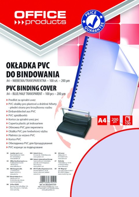 Okładki do bindowania , PVC, A4, 200mikr., 100szt., niebieskie transparentne, typu OFFICE PRODUCTS 20222015-01