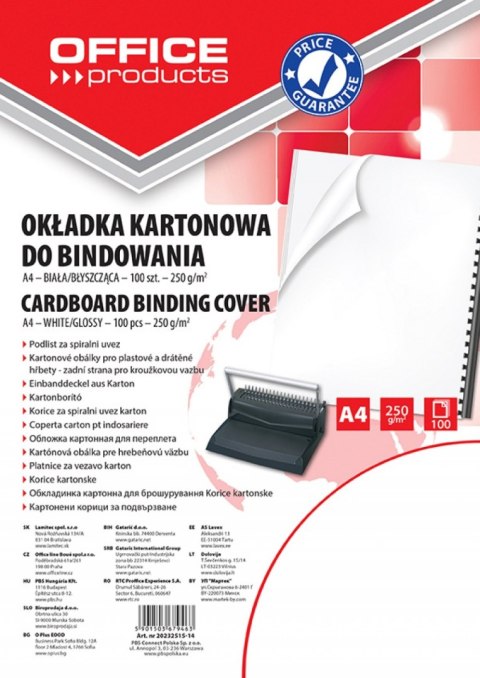 Okładki do bindowania , karton, A4, 250gsm, błyszczące, 100szt., białe, typu OFFICE PRODUCTS 20232515-14