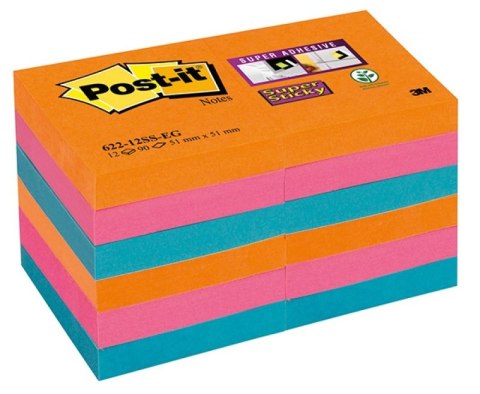 Bloczek samoprzylepny POST-IT_ Super Sticky (622-12SS-EG), 47,6x47,6mm, 12x90 kart., paleta Bangkok