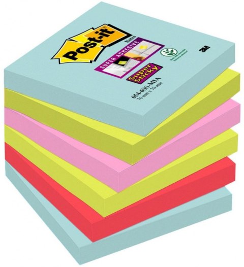 Bloczek samoprzylepny POST-IT_ Super sticky, (654-6SS-MIA), 76x76mm, 6x90 kart., paleta Miami
