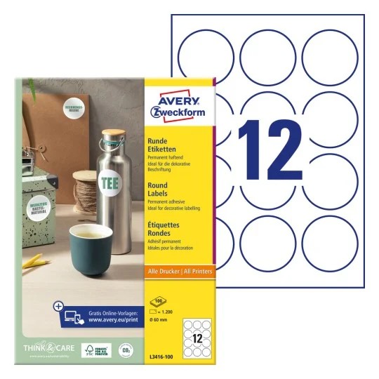 Etykiety okrągłe L3416-100 Q60 100 ark trwałe, Avery Zweckform