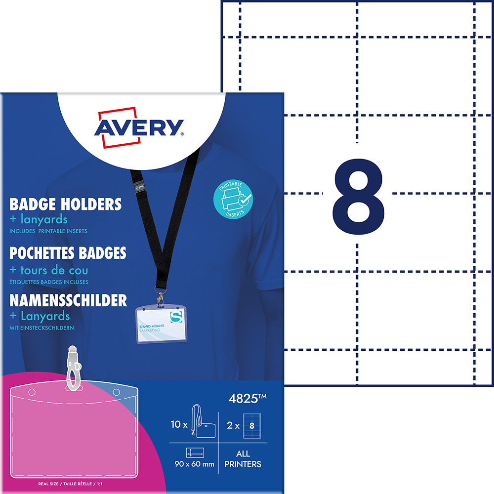 AVERY_4825_box_EU_badgeholders_24nov_final_Pfade Holdery na identyfikatory ze smyczą, 60 x 90 mm, 10 szt + smycze + 2 ark/16 wkładów; przezroczyste holdery/białe wkłady 190 g/m, 4825 - obrazek 1