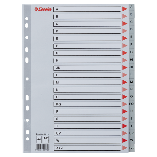 Przekładki plastikowe szare PP A4 A-Z alfabetyczne ESSELTE 100112