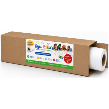 opakowanie kartonowe z etykieta RysuRolka - papier do rysowania i malowania w roli